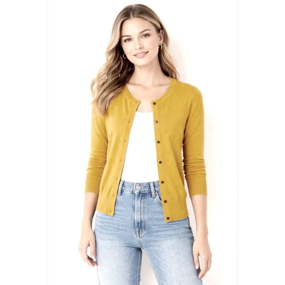 LOFT Mustard Yellow Pima Cotton Crew Neck Button Front Cardigan Sweater XS